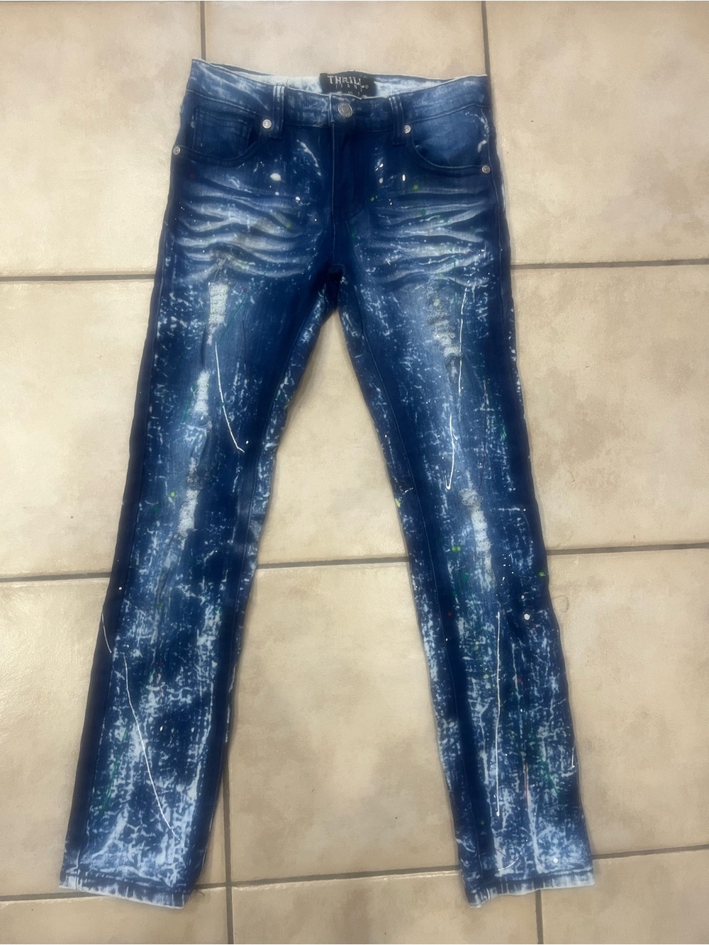 Thrill Dark Blue Paint-Splatter Skinny Jeans